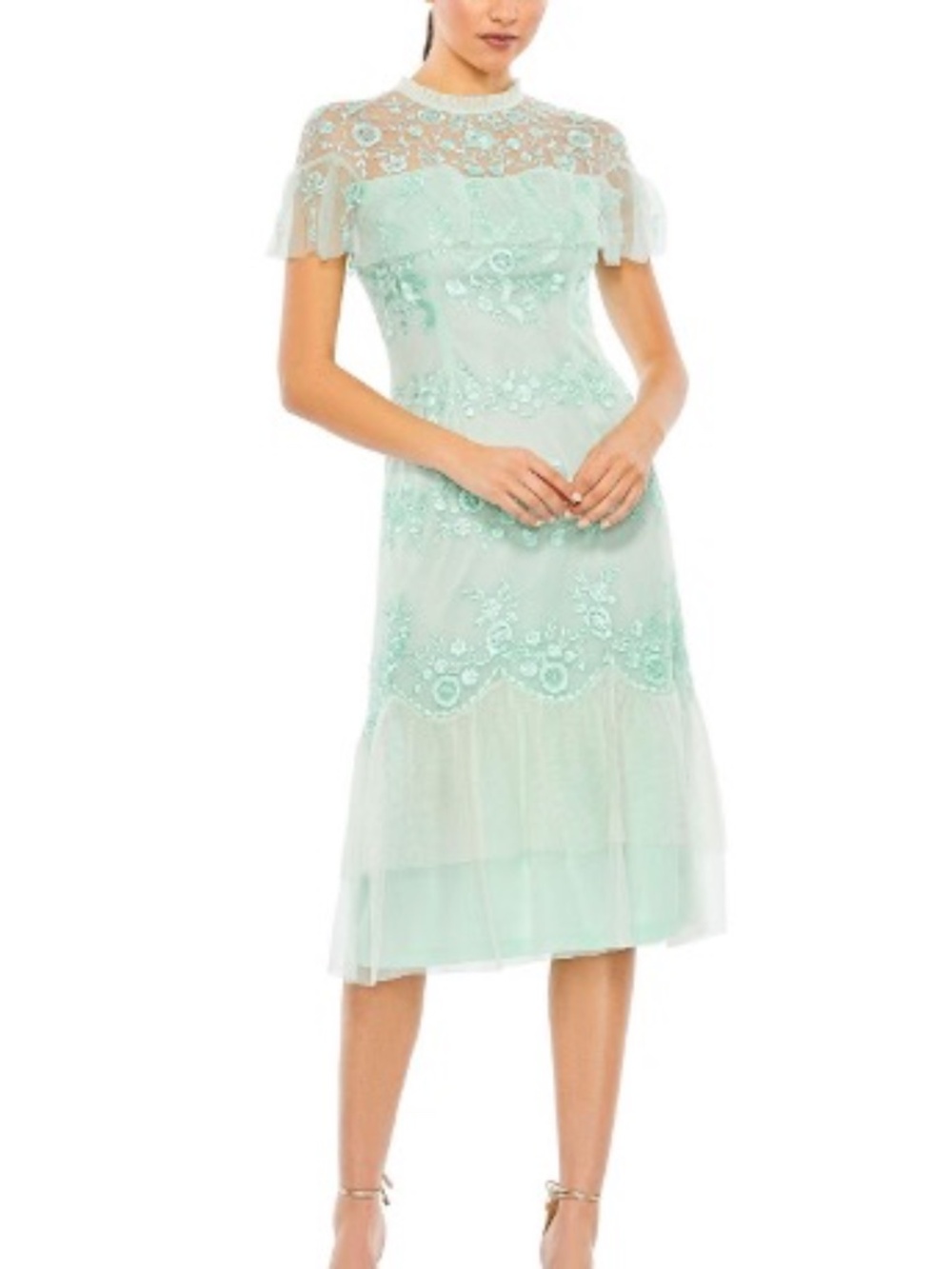 Mac Duggal Mint Green Floral Embroidered Ruffle Cap Sleeve Midi Dress NWT Size 6
